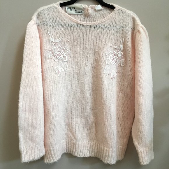 Here's a Hug Sweaters - Light Pink Floral Applique Sweater